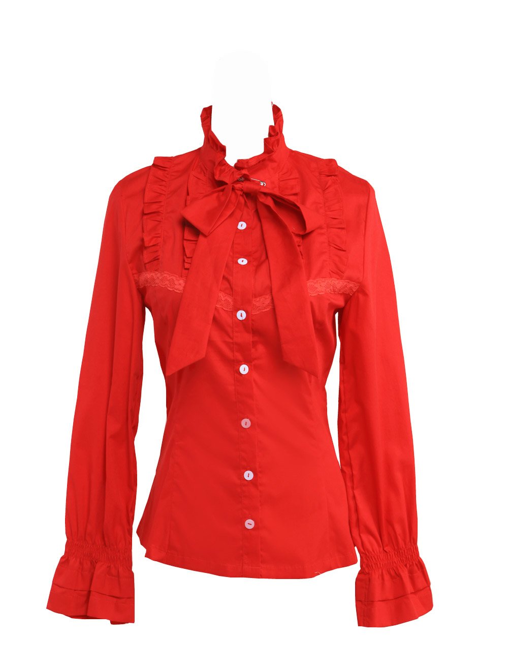 an*tai*na* Camicia Tradizionale Lolita con Colletto rialzato in Cotone Rosso con Arricciatura in Pizzo e Fiocco