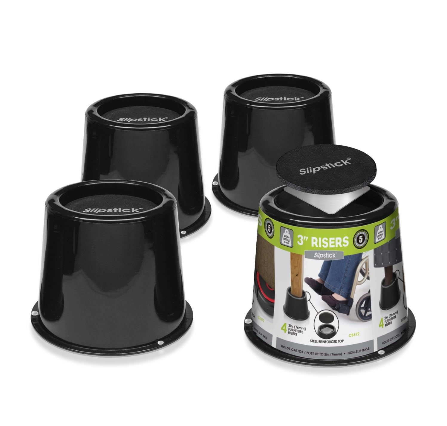 Slipstick CB672 Premium 3 Inch Bed Risers/Furniture Raisers with Steel Reinforced Holder Top, Lifts Height 3" (4 Pack) Supports 2,640 Pounds, Black, Stackable with CB671
