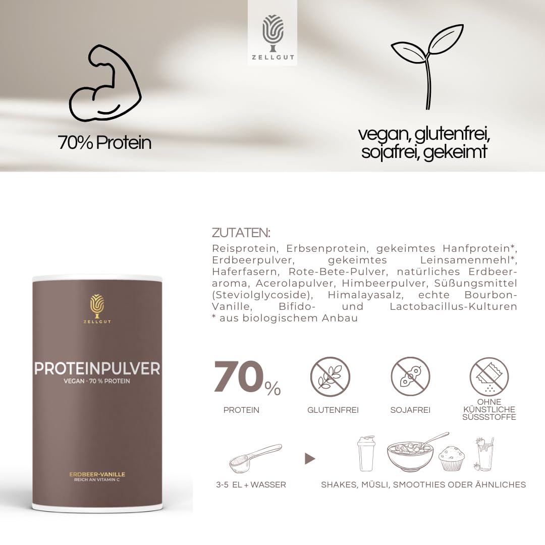PROTEINPULVER ERDBEER-VANILLE • 70% Protein • 3 pflanzliche Proteinquellen • enthält gesunde Darmbakterien • vegan & glutenfrei • sojafrei