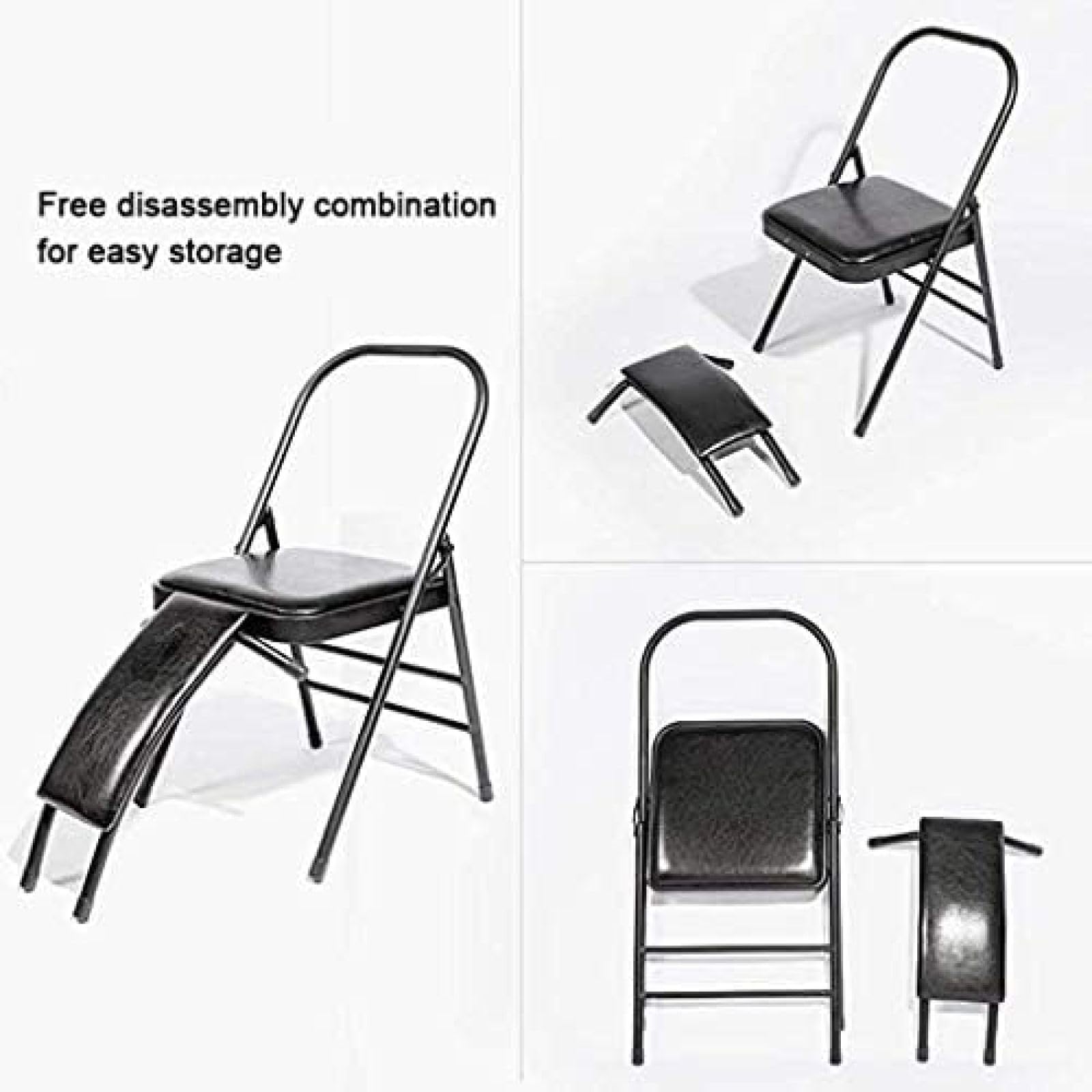 Sedia Yoga Pieghevole con Supporto Lombare, Strumento Ausiliario per Sedia Yoga in Tubo d'Acciaio Rimovibile da 23 Mm, Sedia Yoga con Panca per Inversione del Corpo Bilanciata,Ecopelle Nera,Serene