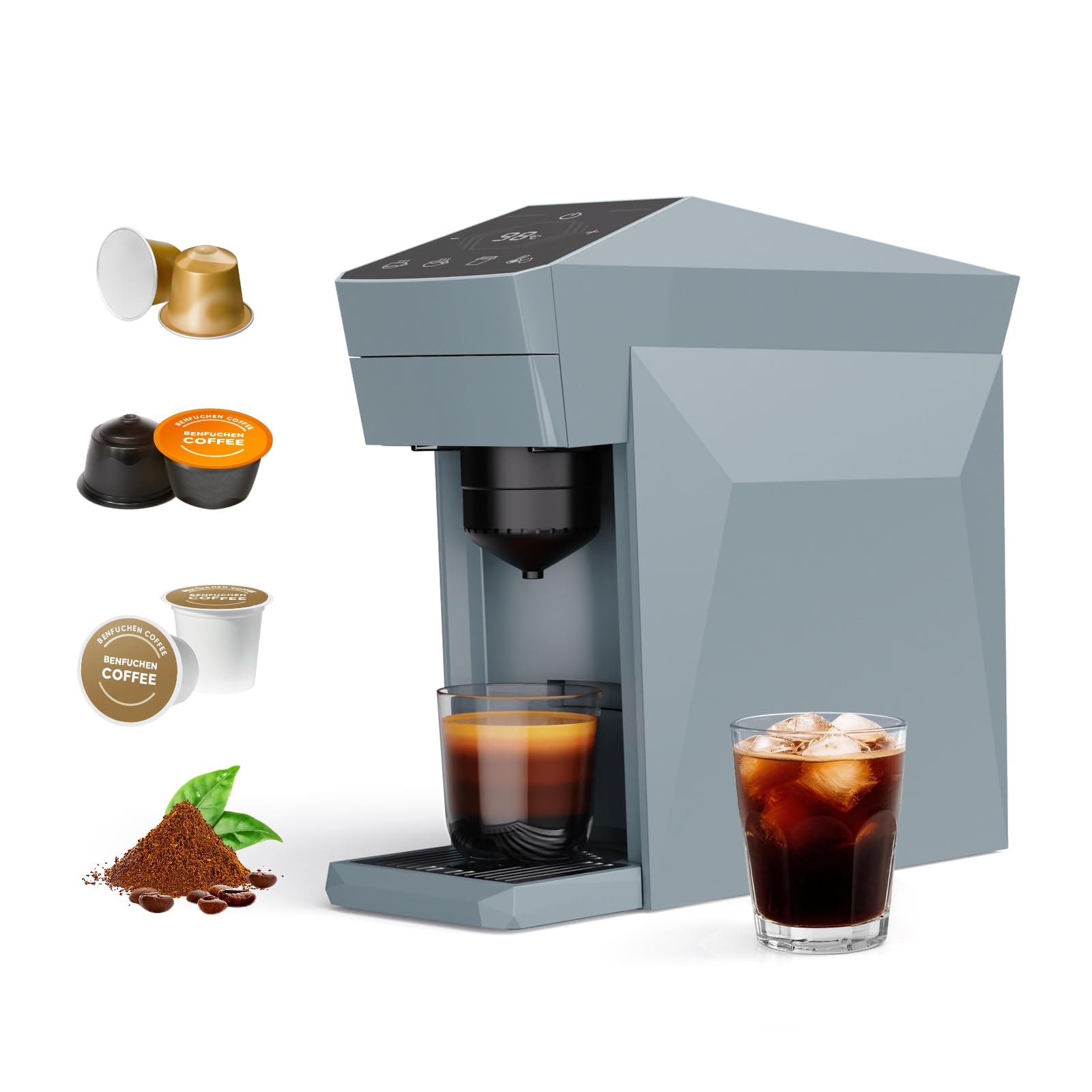 4-in-1-Kaffeemaschine, 20 Bar Espressomaschine, Kompatibel mit Nespresso OriginalLine Kapseln/Dolce Gusto/K-Cups/Gemahlenem Kaffee, 800ml Wassertank, Wolkengrau