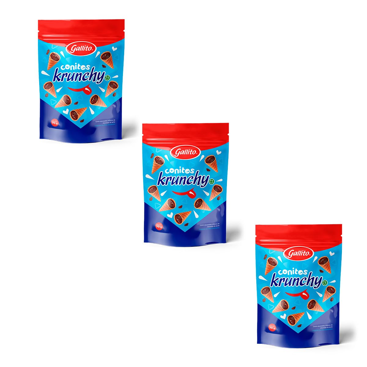 Gallito Conitos Krunchy – Costa Rican Chocolate-Filled Cookie Cones – Authentic Costa Rica Snack Treats – 3 Pack (70g Each / 7.4 oz Total) – Crispy Waffle Candy Dessert Bites