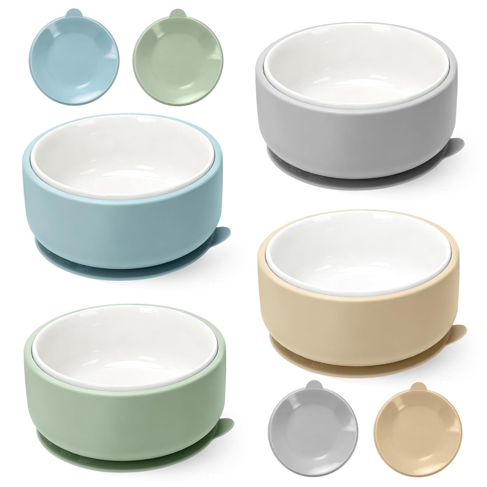 MR.TIMELAG Baby Weaning Porcelain Bowls Set with Silicone Suction Sleeves | Suitable for Babies & Toddlers & Kids | BPA Free | Microwave & Dishwasher Safe Kids Eating Tableware | 4 Pack