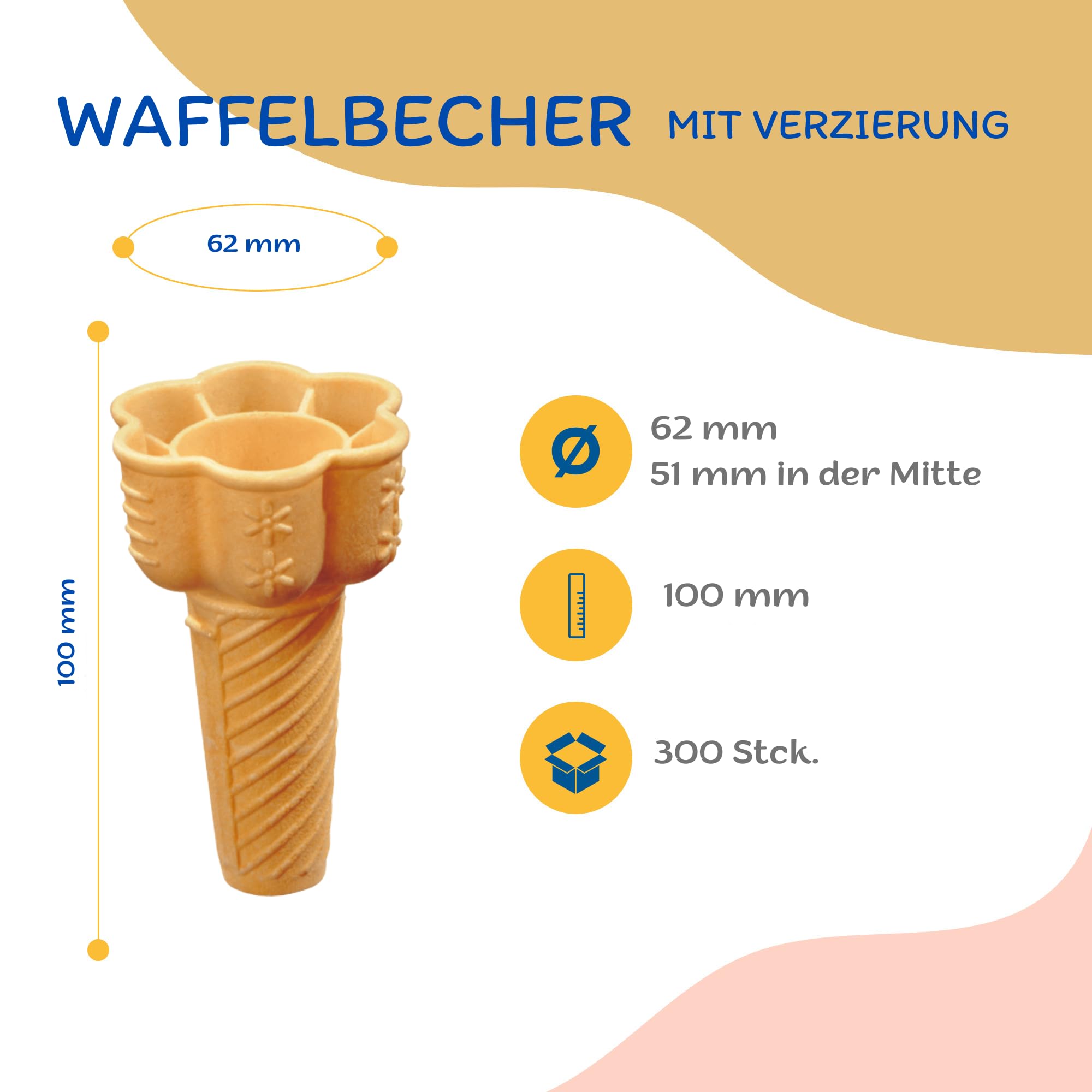 Bazko Waffles - Juego de 300 gofres semidulces para helados de 10 cm / 6,2 cm | Con adorno | crujiente helado suave taza para helado, sorbete, vegano