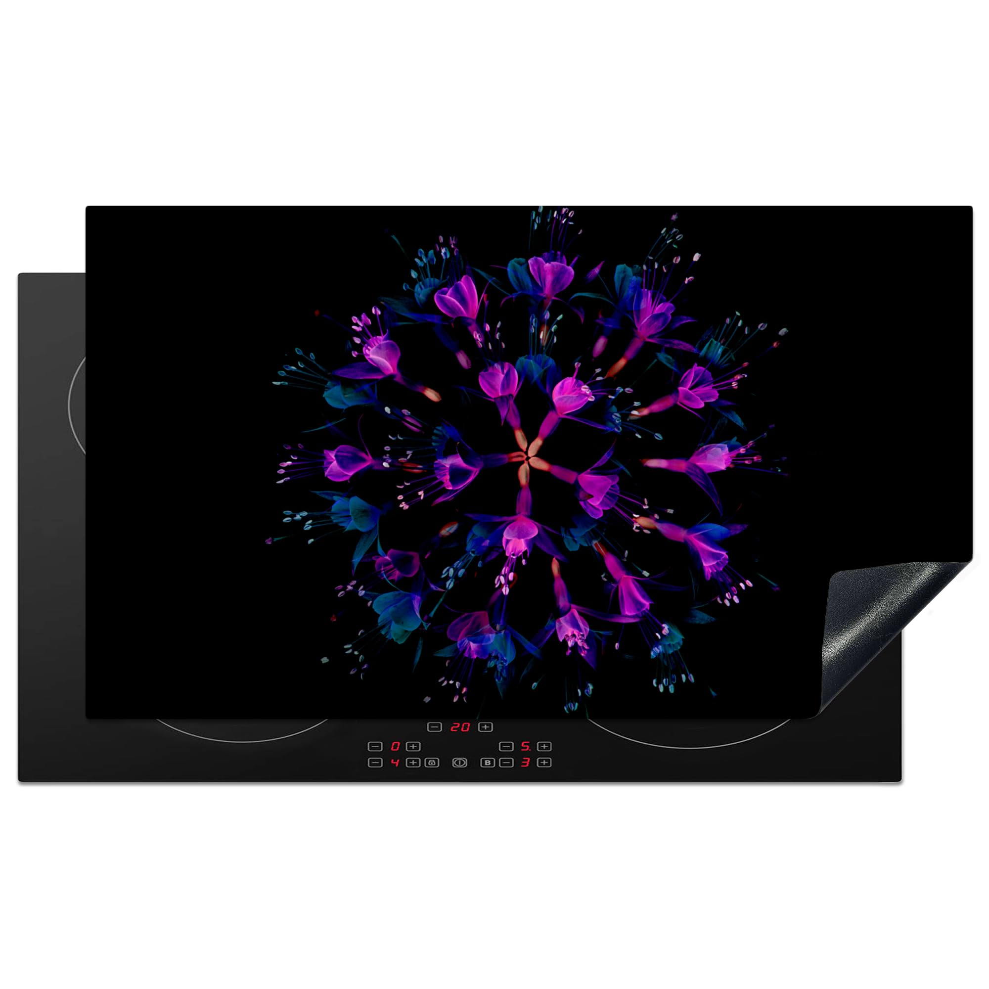 KitchenYeah© Induction Hob Protector Mat 20.3"x35.3" / 89.6x51.6 cm Stove Cap Top Cover Kitchen Cooker Covers for Electric Hobs Vinyl Flower - Purple - Blue - Macro - Black
