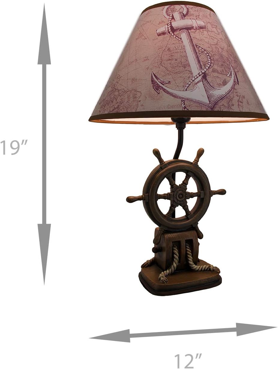 DWK Captain's Destiny: Nautical Ship's Wheel Resin Table Lamp with Anchor Print Fabric Shade for Coastal, Beach or Pirate Themed Bedroom Decor, 19 Inches High