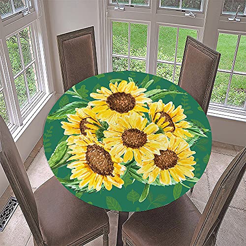 Famame Runde Tischdecke – Sonnenblumen-Bienendesign, Elastischer Rand, Wasserdicht, Größe M