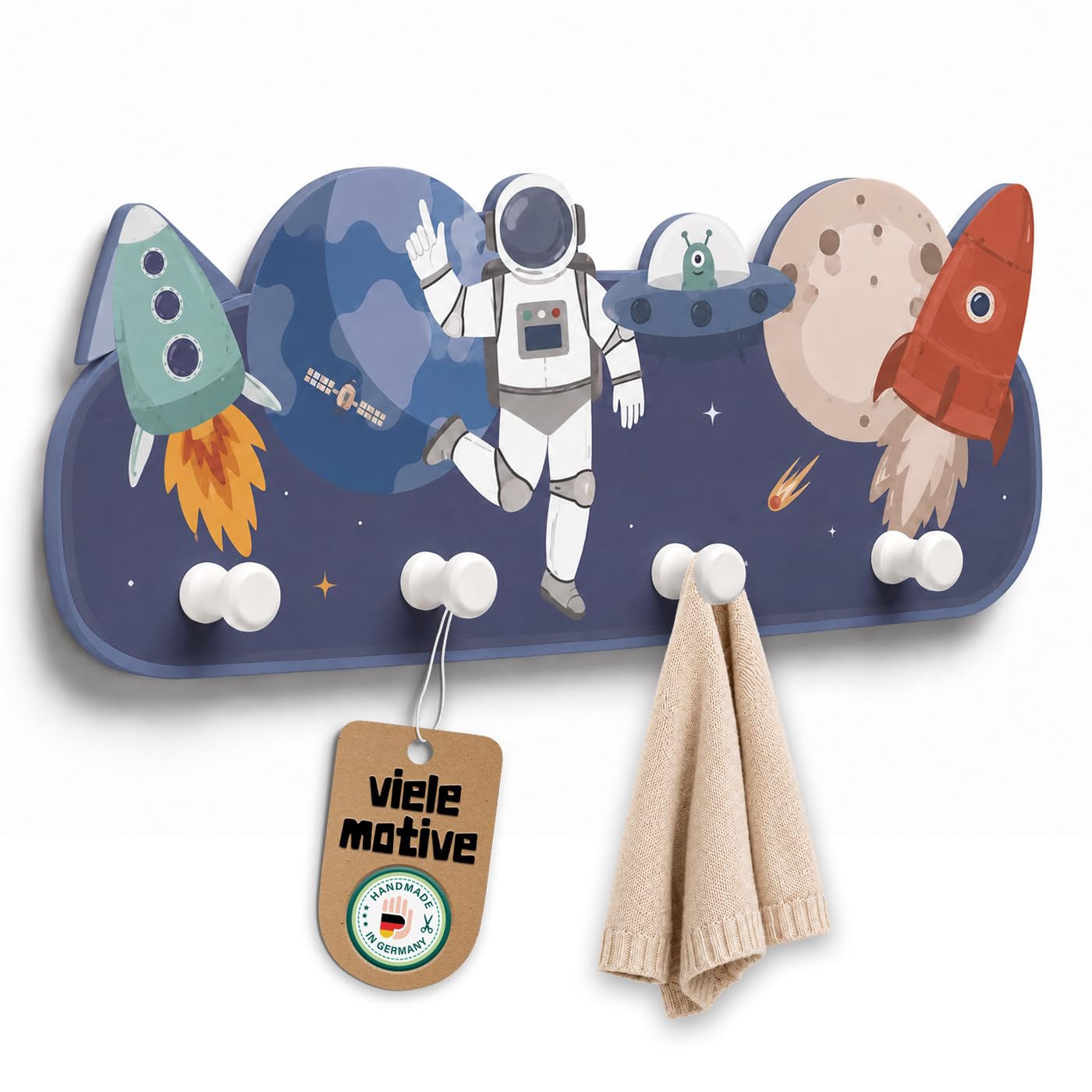 Porte-manteau mural asdrøm avec 4 crochets - Porte-manteau mural avec astronaute spatial pour chambre d'enfant - Porte-manteau en bois - Porte-manteau pour enfant « asdrøm » à percer - Crochet en