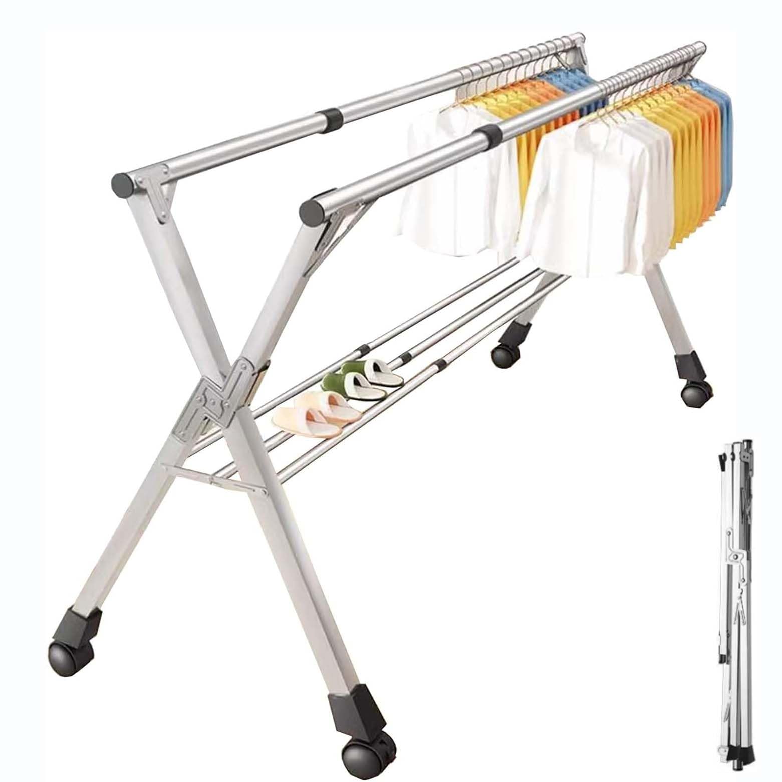 Étendoir à linge rétractable portable de 160 cm avec 4 roues sans assemblage