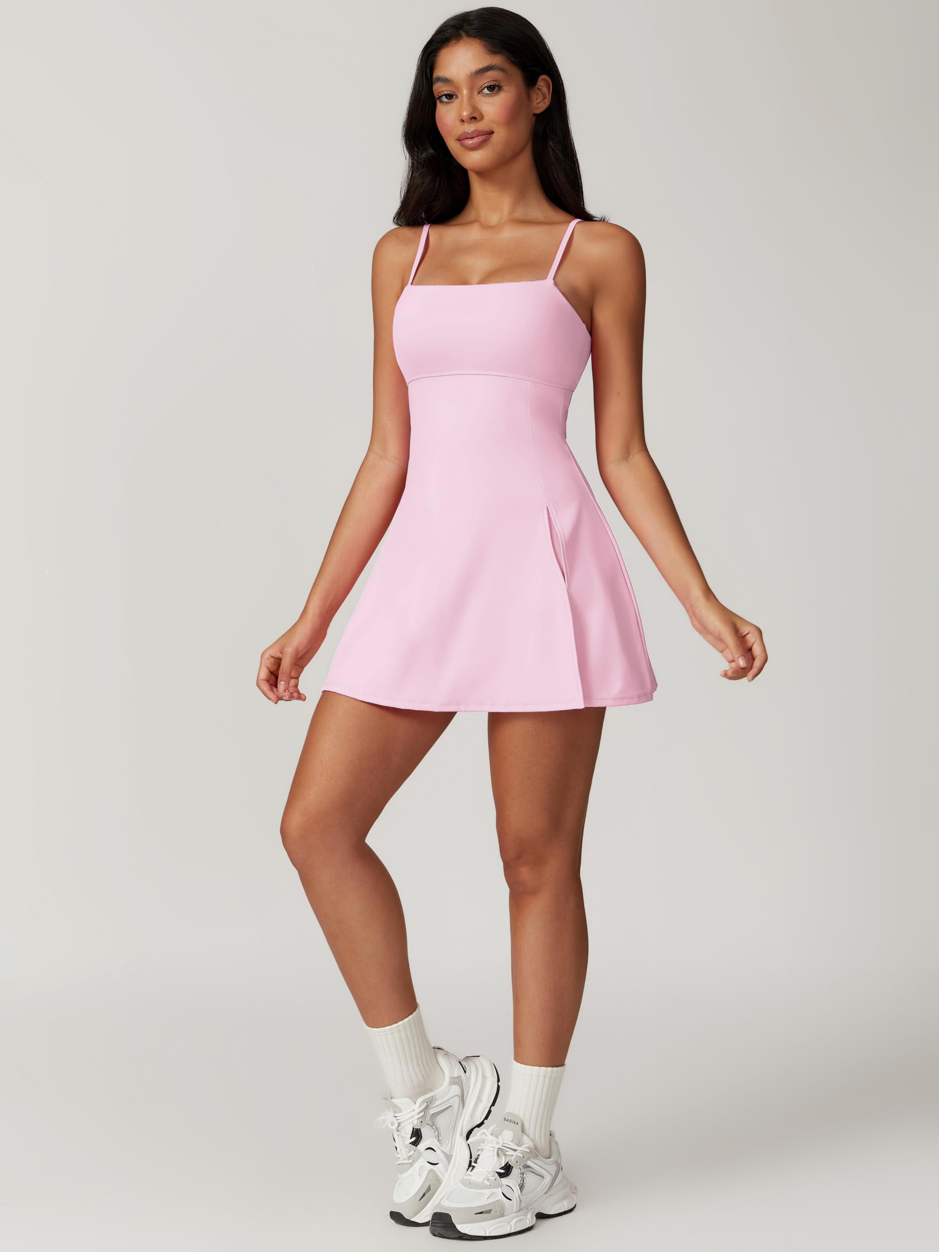 ABOCIW Damen-Tenniskleid mit quadratischem Ausschnitt und Shorts, Spaghettiträger, rückenfrei, Workout, Seitenschlitz, athletisches Golfkleid