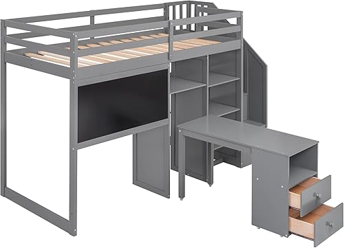 Miniatura 127 de Quarte Cama alta multifuncional, cama alta tamaño matrimonial con escritorio integrado y estantes de almacenamiento, dos cajones y escalera de