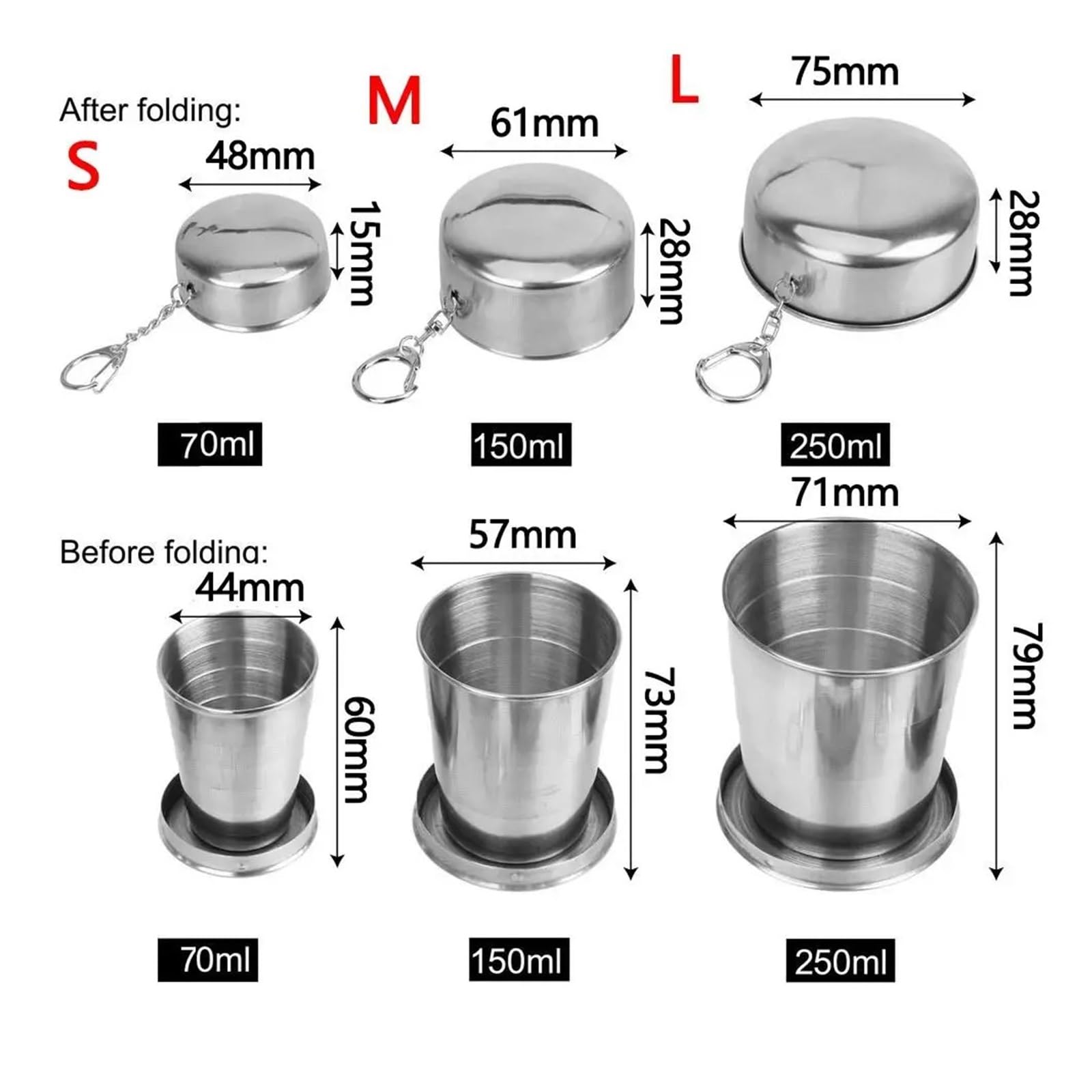 Bicchiere Acciaio Inox Pieghevole Tazza pieghevole in acciaio inossidabile | Tazza da campeggio portatile di 3 dimensioni Tazza telescopica da esterno pieghevole impilabile