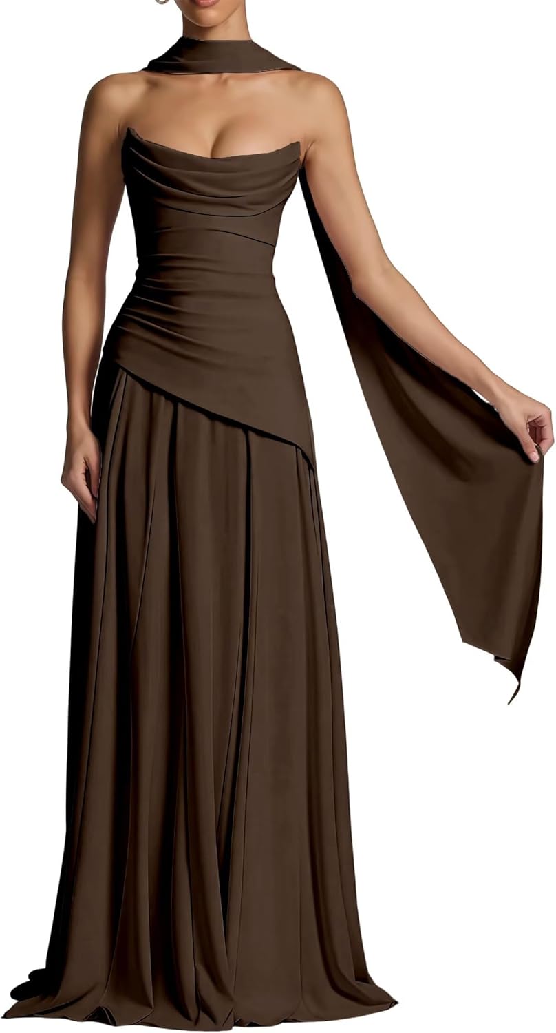 Strapless Bridesmaid Dresses with Scarf Long Chiffon Pleated Formal Prom Evening Gowns 2026 Maxi Dres