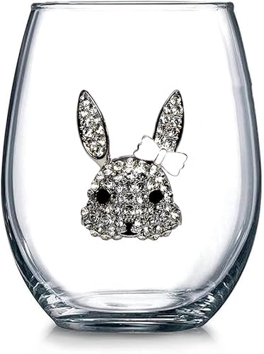 Easter Bunny Stemless Wine Glass, Festive Gift for Easter and Women, Decorated with Rhinestone Bow, 5 x 3.5 inches (1, silver)