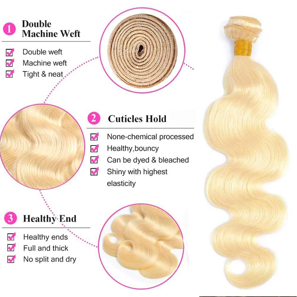 613 Bundles Human Hair Blonde Body Wave Bundles 20 22 24 Inch Unprocessed Brazilian Virgin Blonde Bundle Human Hair Extensions Soft and Silky for Women