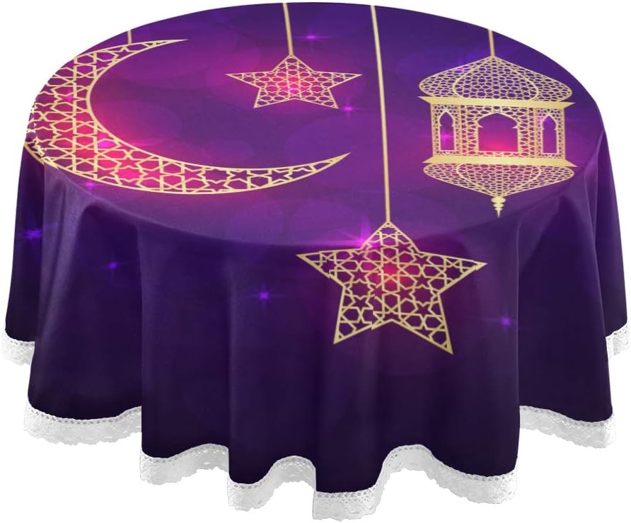 Fenda Round Table Cloth Ramadan Greeting Card On Violet Dining Room Table Covers 60 Inch Lace Stitching Macrame Polyester Decoration