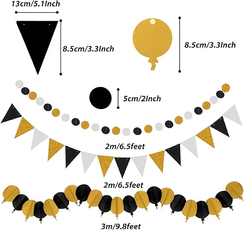 Miniatura 5 de ZERODECO Decoraciones de fiesta, 41 unidades, abanicos de Papar negros y dorados, guirnaldas, guirnaldas de papel de seda para graduación