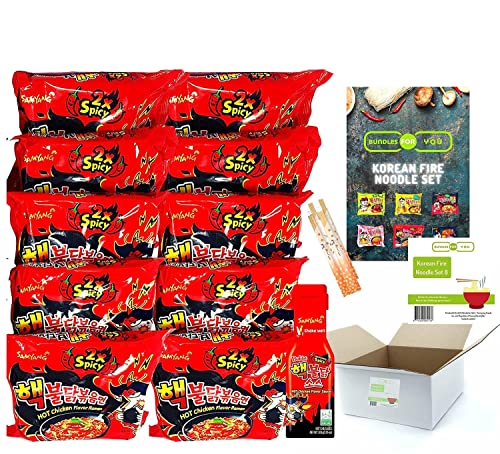 BUNDLES FOR YOU - Samyang Hot Ramen Noodles - Schärfste Nudeln der Welt - Vorteilspack (10x140g) 5 Portionen pro Sorte & 1x 200ml Sauce extrem scharf - Korean Fire Noodle Set 8 Cover