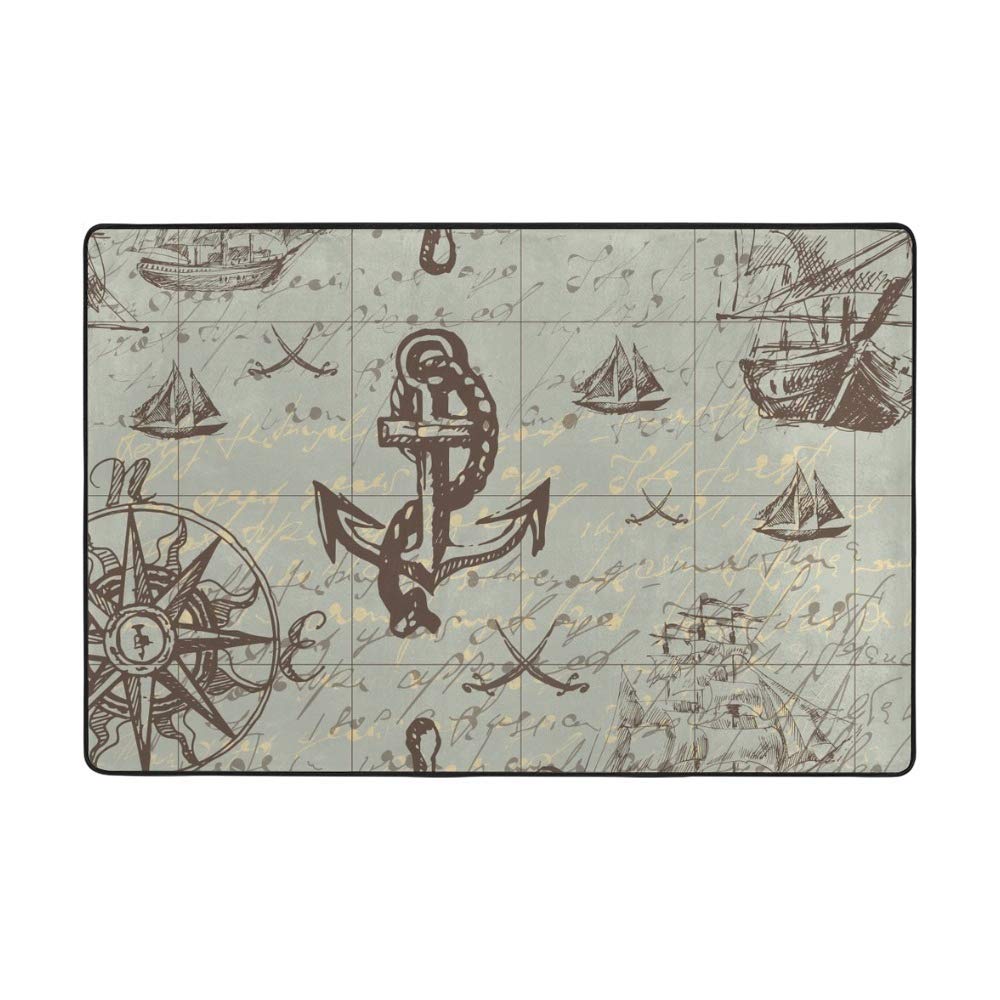 Grand tapis vintage bleu thématique voyage aventure et découverte 160x122