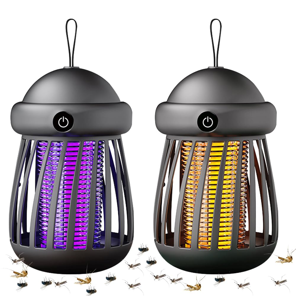 Rppiup 2pcs Electric Bug Zapper, 2 Modes Electric Mosquito Killer Lamp with UV Light & Lighting Lamp, 25 DB Portable Fly Zapper, 360° Attract Waterproof Bug Zapper for Travel Camping Indoor Outdoor