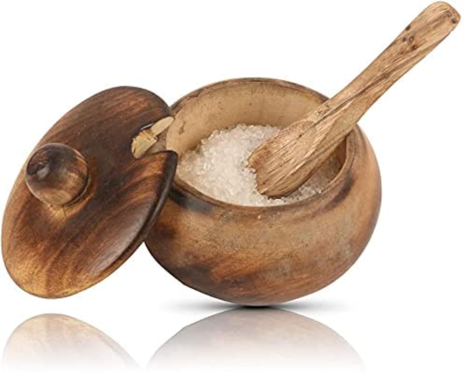Zuccheriera e cucchiaio decorativi rustici in legno con coperchio a bocca larga barattolo per dolcetti per caramelle, spezie, condimenti, noci, ciotola, sale, spezie, erbe, foglie sfuse, tè, novità