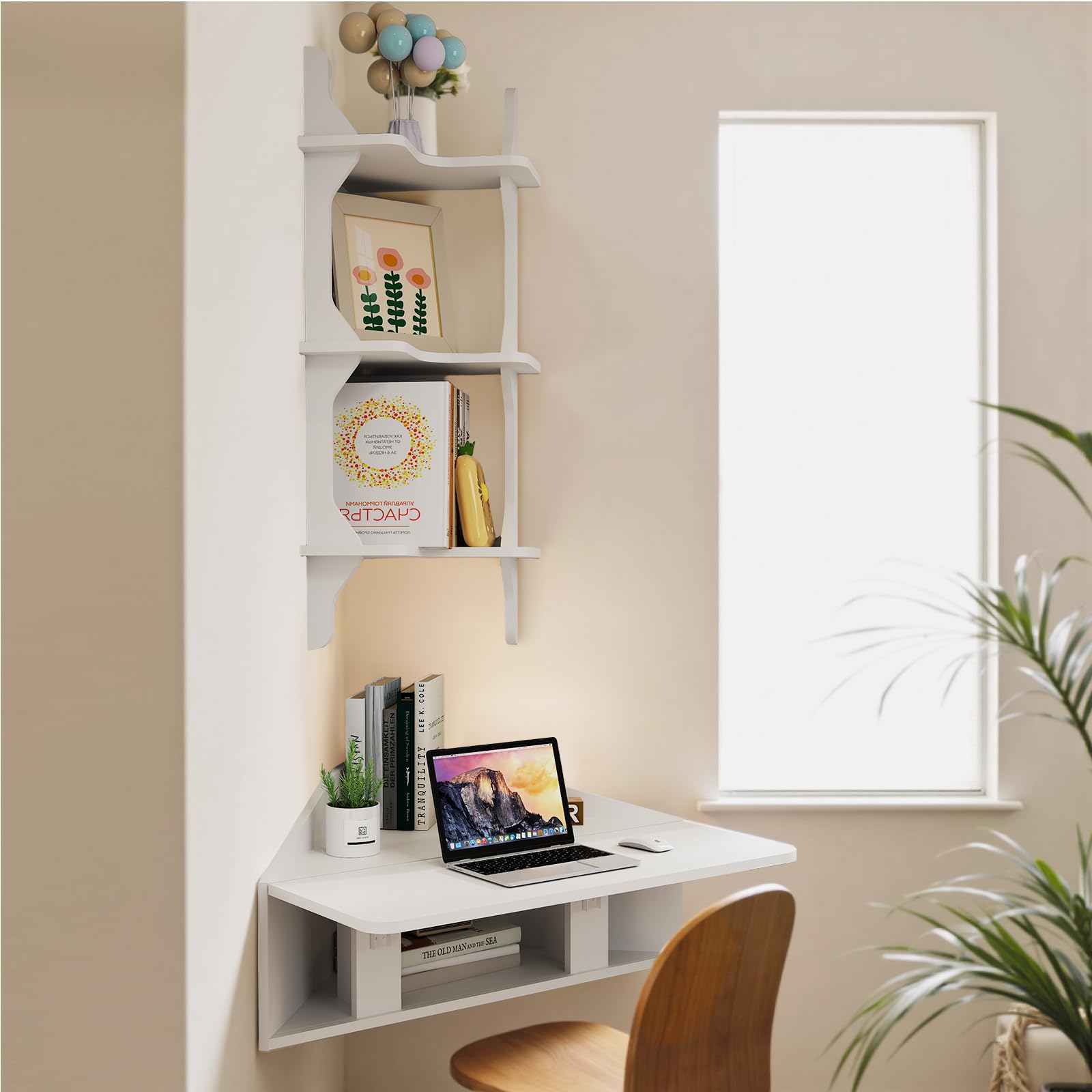 Pmnianhua Floating Corner Desk,Wall Mounted Table with Shelves,Folding Corner Shelf,Wall Corner Shelf for Small Space Computer(Grayish White)