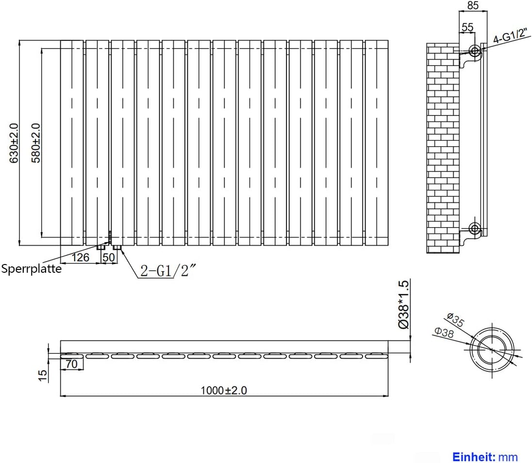 Technical drawing of the EMKE Design Radiator showing front, side, and top views with all critical dimensions in millimeters, including pipe centers and wall clearance.