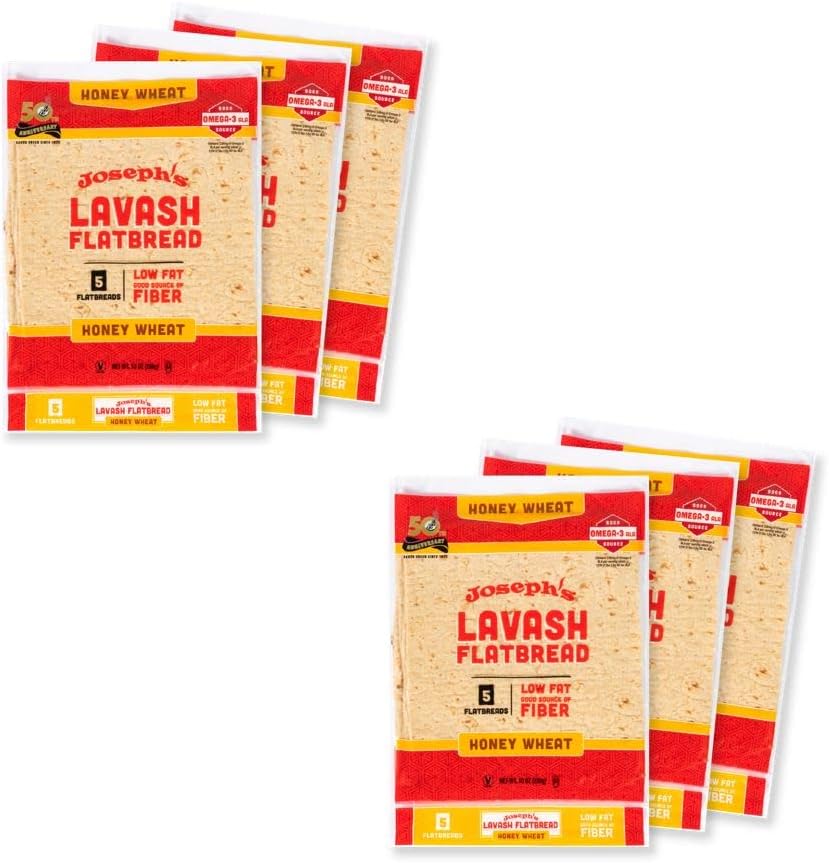Joseph's Lavash Bread Value 6-Pack, Honey Wheat, Low Fat and Good Source of Fiber (5 Flatbreads per Pack, 30 Total), Fresh Baked