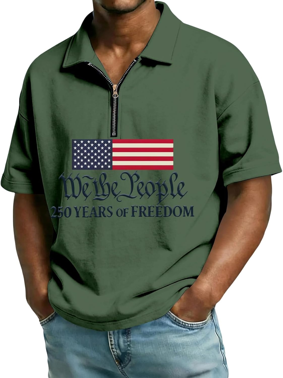 Men's 250 Anniversary USA Shirt, Year American National Flag Print Casual 1/4 Zip Polo Shirt Patriotic, M-3XL