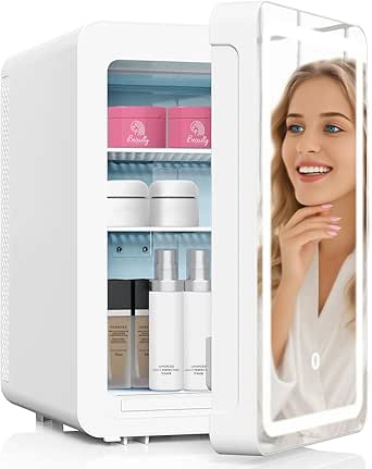 Kikihouse 20L Mini Skincare Fridge with Mirror & LED Lighting, 3-Mode Dimmable, Cooler & Warmer with Drip Tray for Makeup, Cosmetic, Beauty Fridge for Bedroom, Vanity, Car & Home Use