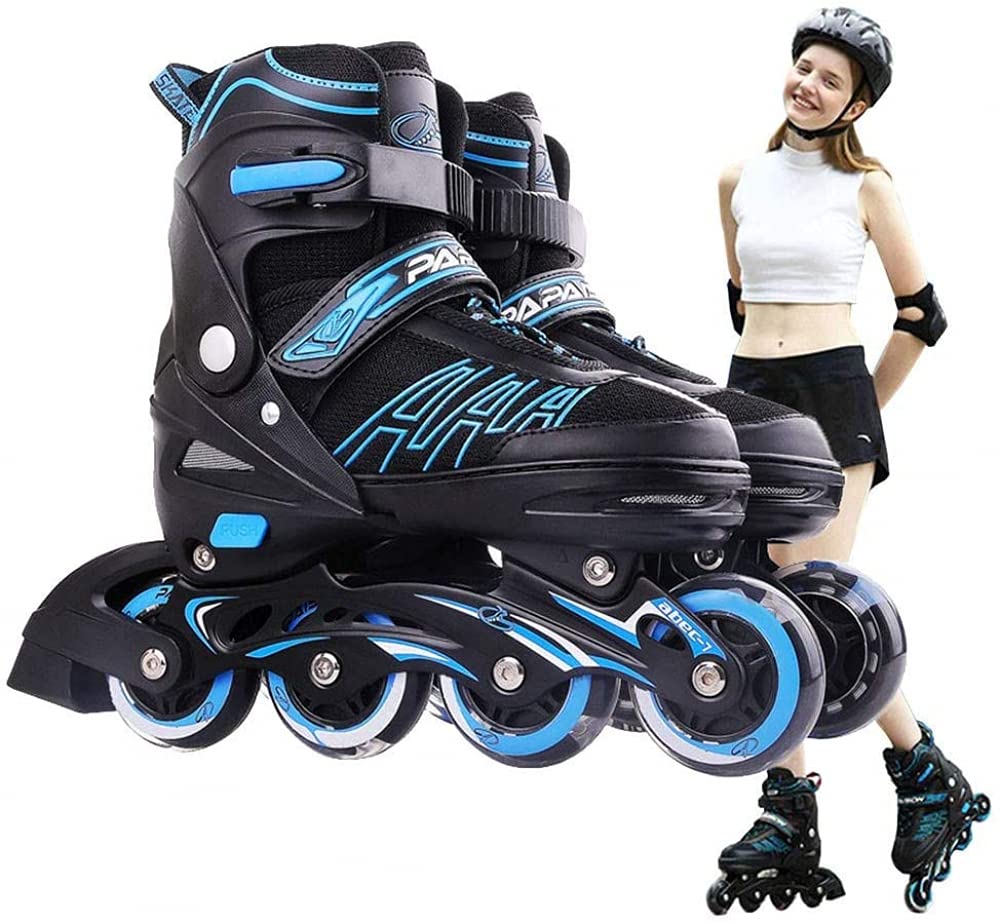 Rollers en ligne pour enfants/adultes avec roues résistantes à l'usure, réglables et amusants, pour débutants, pour filles, hommes et femmes débutants, bleu |||A
