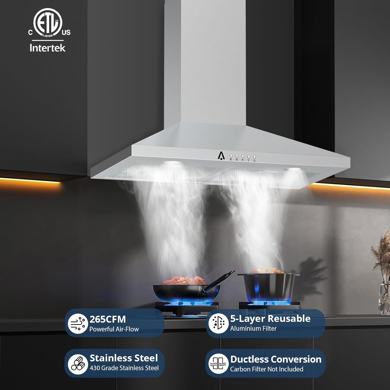 Kitchen Hood, Wall Mount Range Hood 30 inch with 2m Ventilation Duct and 5-Layer Aluminum Permanent Filters Ductless/Ducted Convertible for Stove Kitchen