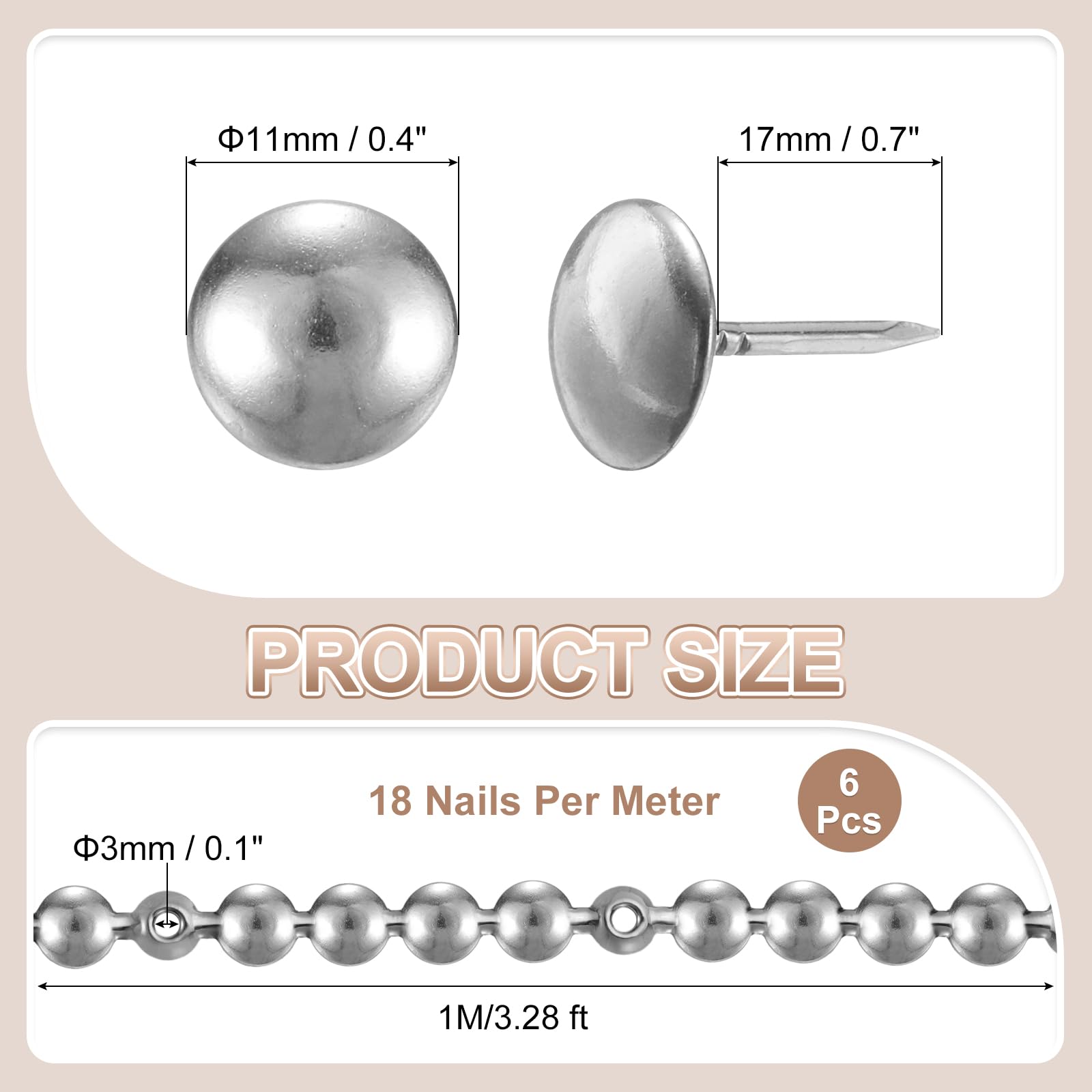 uxcell 6 Pcs Upholstery Tacks Strips, 3.28ft Decorative Nails Strips D11mm Glossy Nail Trims for Furniture Sofa Headboard Chair DIY Crafts with Upholstery Nails, Silver