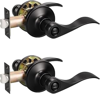 KNOBWELL 2 Pack Matte Black Door Lever Privacy Door Knobs, Black Interior Door Handles for Bathroom/Bedroom, Wave Style Reversible for Right/Left
