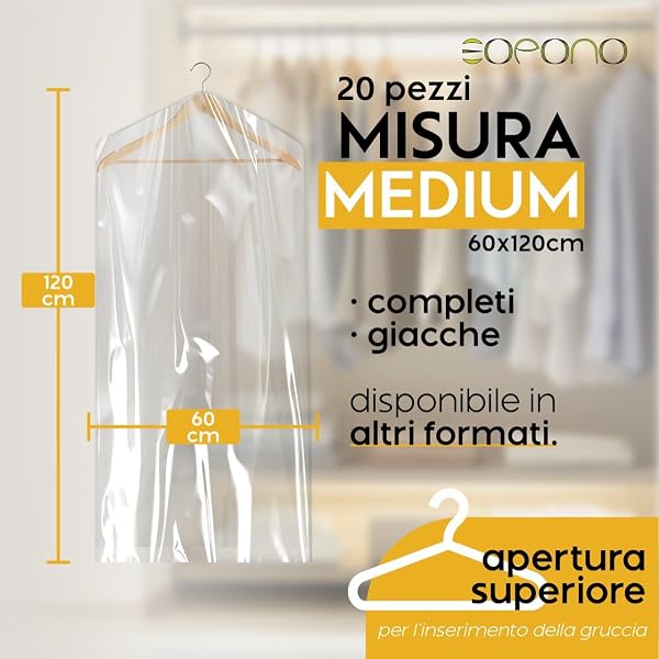 20 Custodie per Abiti 60x120cm Trasparenti - Sacchetti Vestiti Armadio Antipolvere per Tintorie, Giacche e Camicie - 3