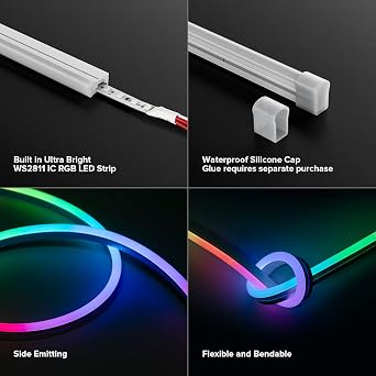 BTF-LIGHTING WS2811 IC RGB Chasing Color Neon Light 16.4FT DC24V 90IC 108LED/m T0817 IP67 Waterproof Addressable Rope LED Strip, 2.4GHz RF Remote RB3&SP630E Bluetooth Controller Kit(No Adapter)