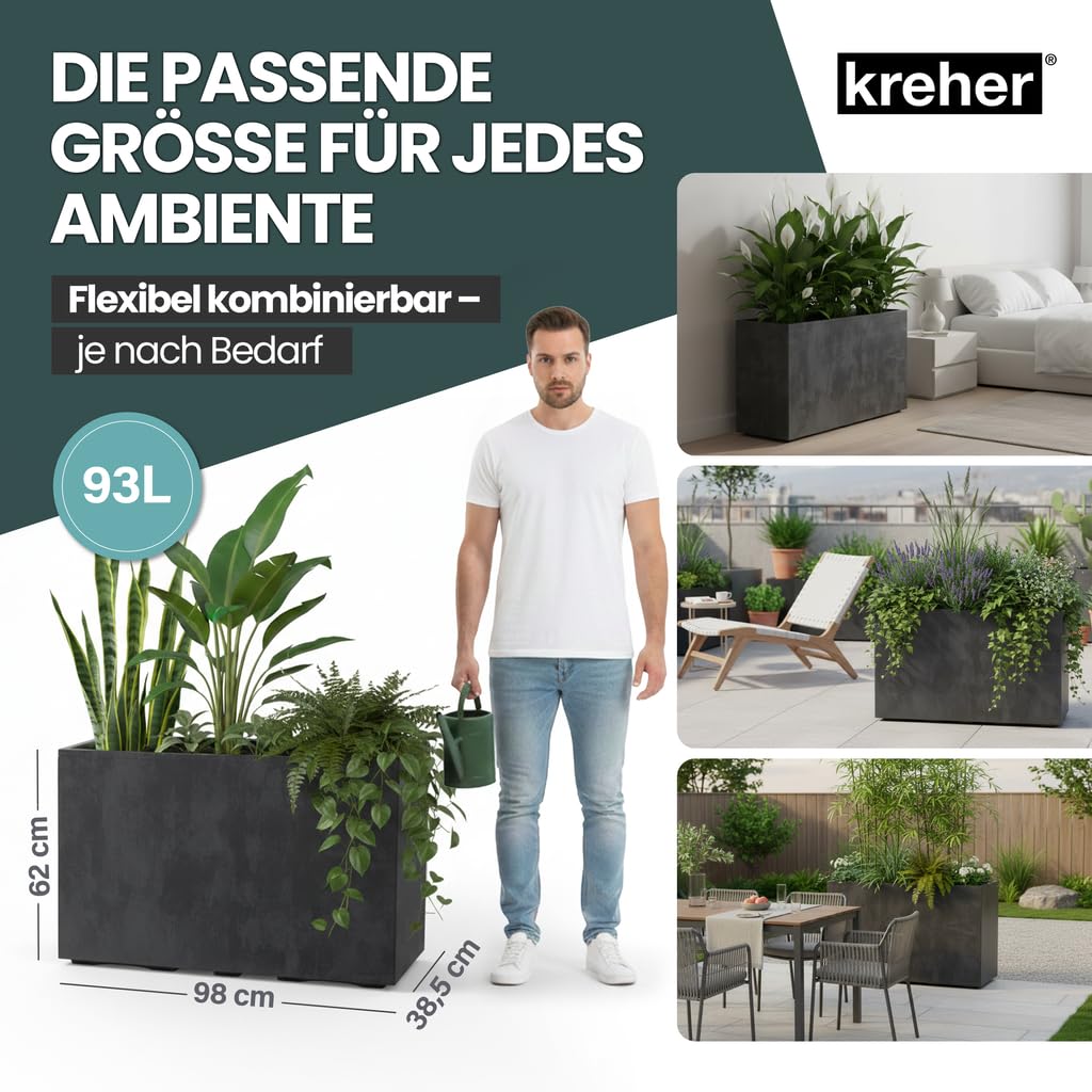 Kreher® XXL Sichtschutz Pflanzkasten hoch 93L - 98x38,5x62 cm - doppelwandig & rollbar, mit Entwässerungsstopfen - wetterfest - Naturstein Optik (3, Anthrazit)