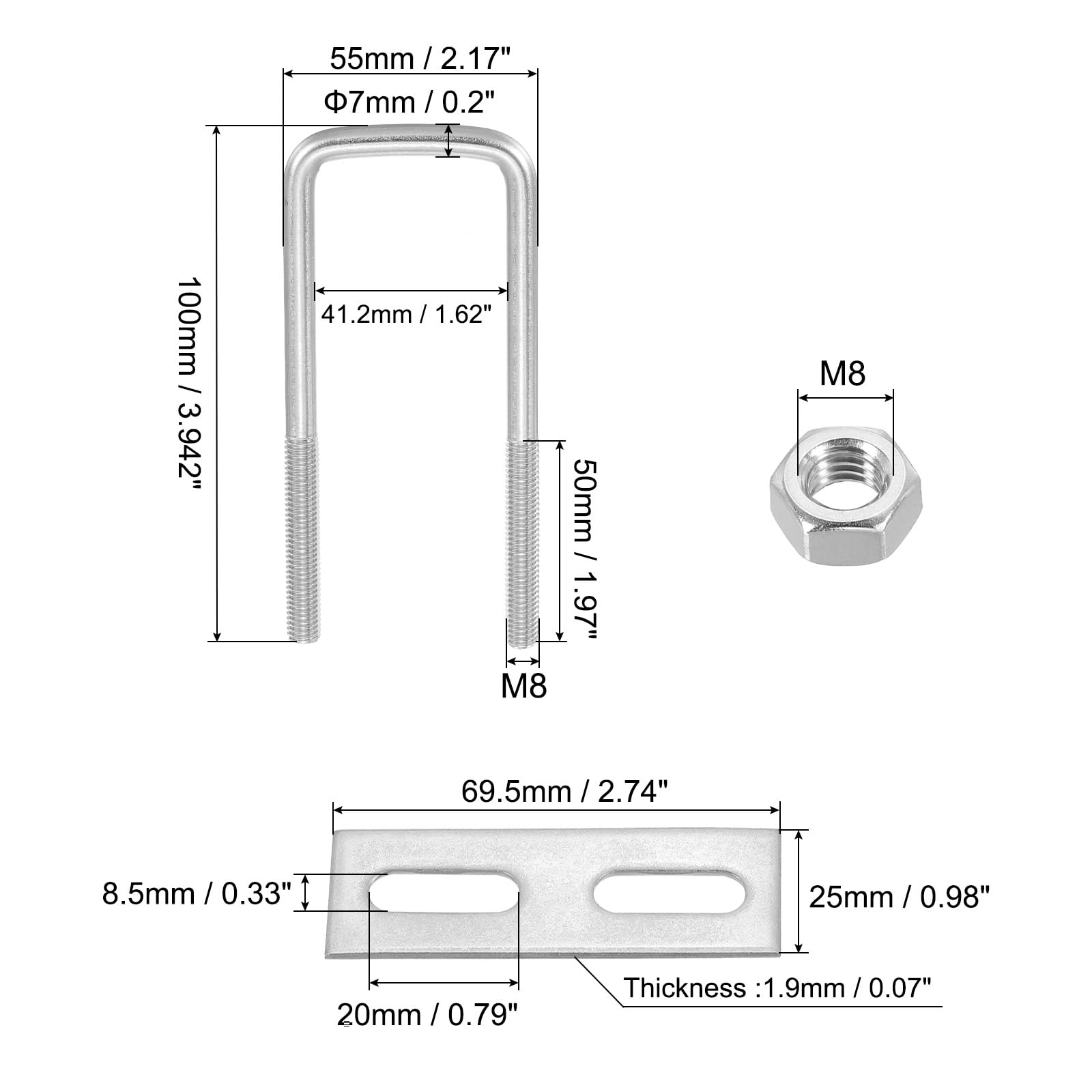 PATIKIL M8x40x100mm Square U-Bolts Kit - Image 2