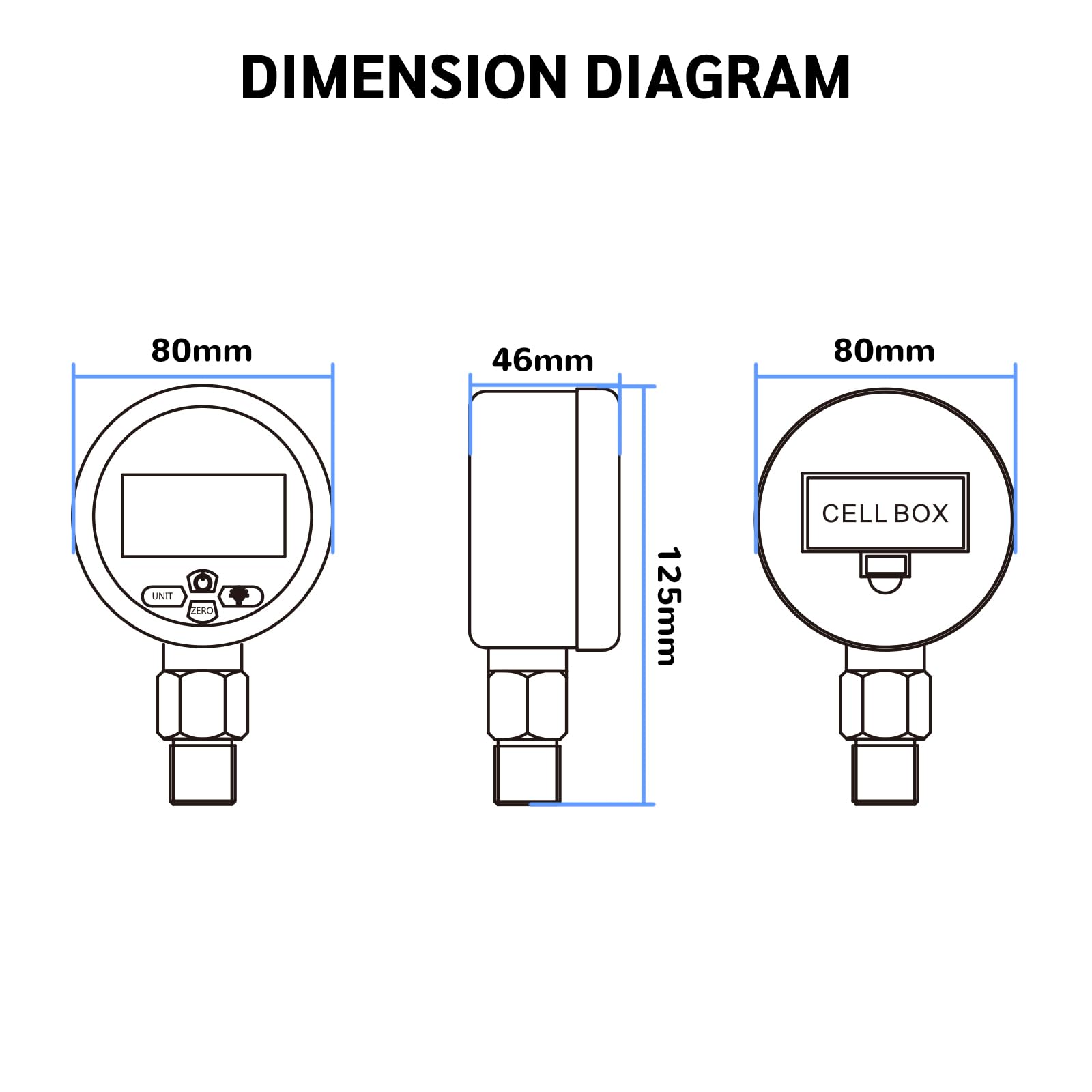 Manomètre industriel numérique, cadran 80 mm, raccord inférieur G1/4", boîtier et raccord en acier inoxydable, 0-10 bar, précision 0,4%, alimenté par batterie, avec éclairage LED.