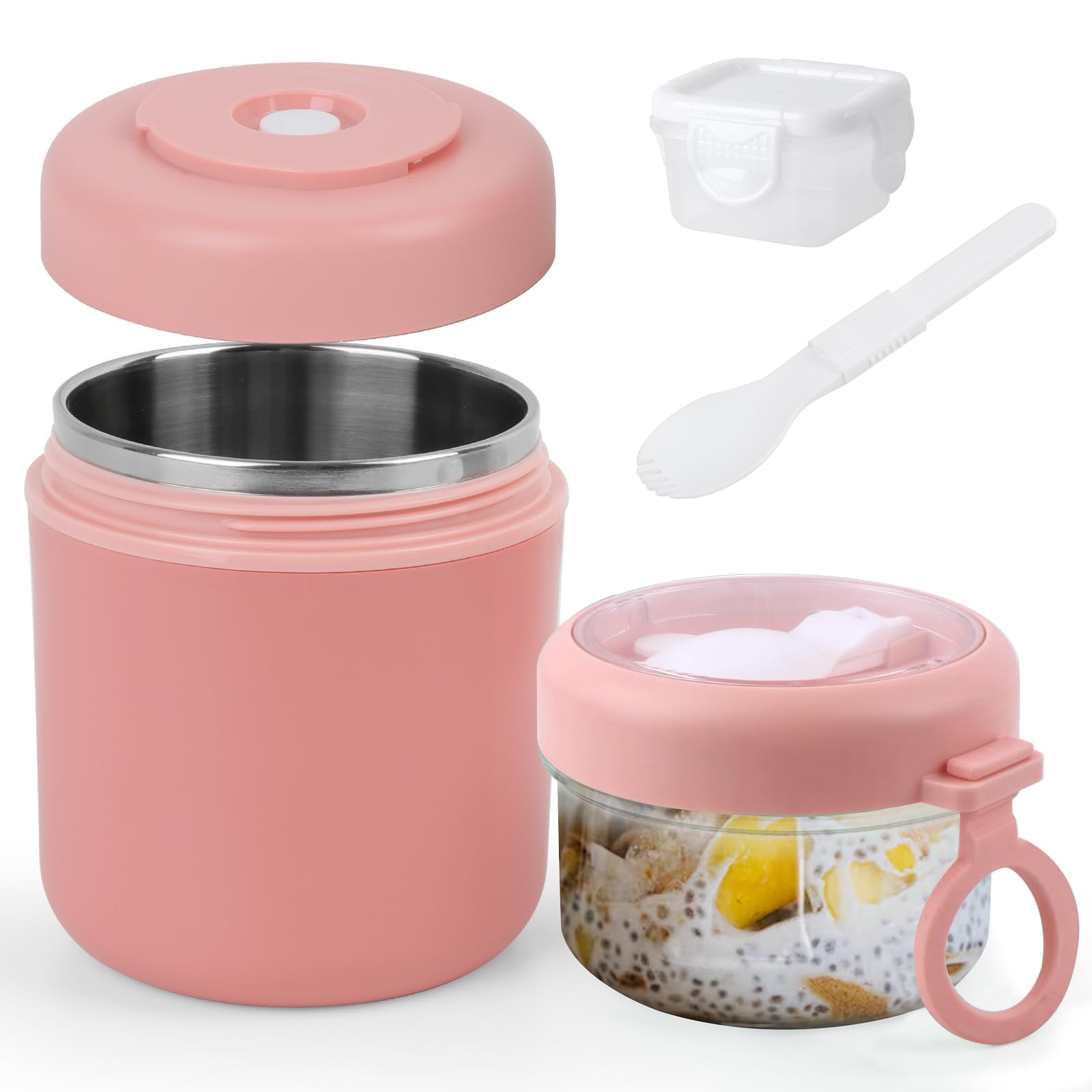 GEEKHOM Cereal Cup On The Go 530ml+330ml, Stainless Steel Granola and Yoghurt Pots - Crunch Cup with Spoon & Sauce Box - Leakproof, Insulated, Dishwasher Safe, Ideal for Work, School, Picnic