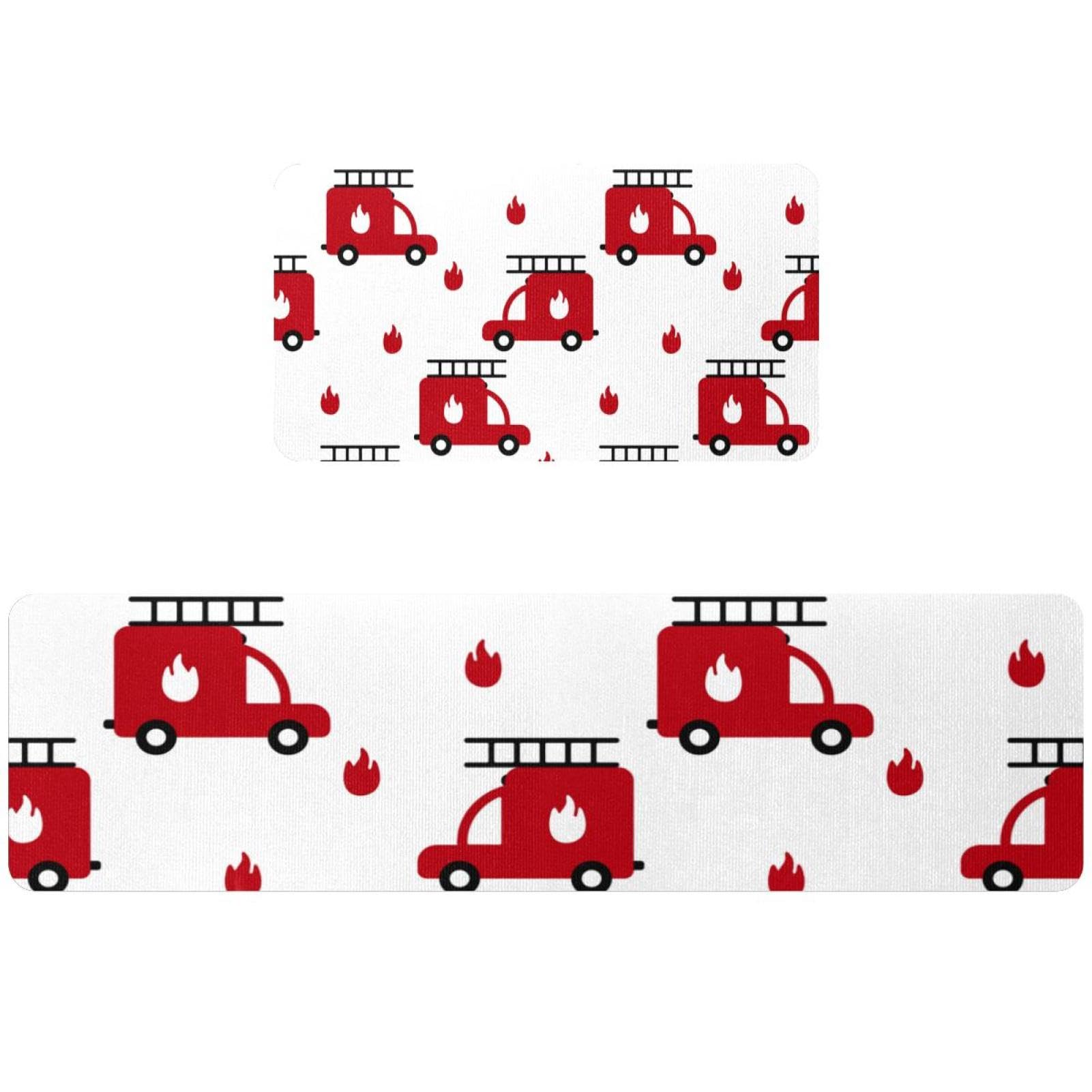 Tapete de cocina antideslizante y lavable con diseño de camiones de bomberos (Juego de 2 piezas)