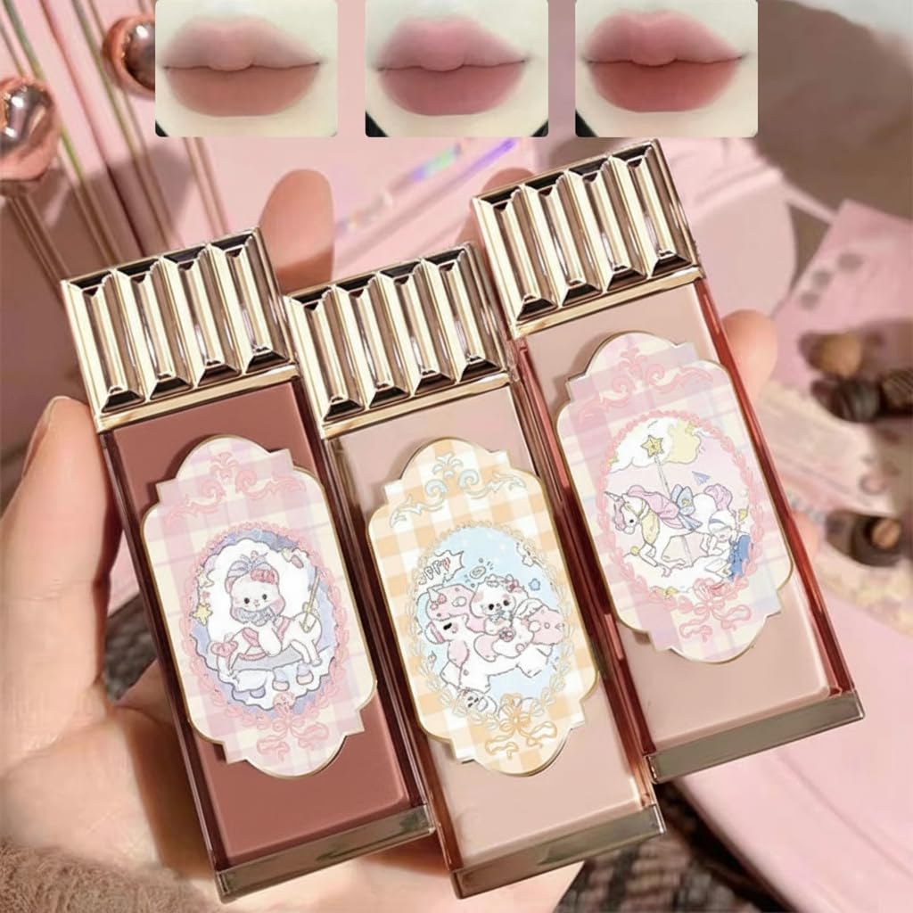 NALACAL 3Pcs Matte Nude Lip Gloss Set, 3 Colors Silky Velvet Lipstick with Cute Chocolate Shape Package, Non-stick Cup Long Lasting Waterproof Lip Stain Lip Tint, Daily Professional Lip Makeup