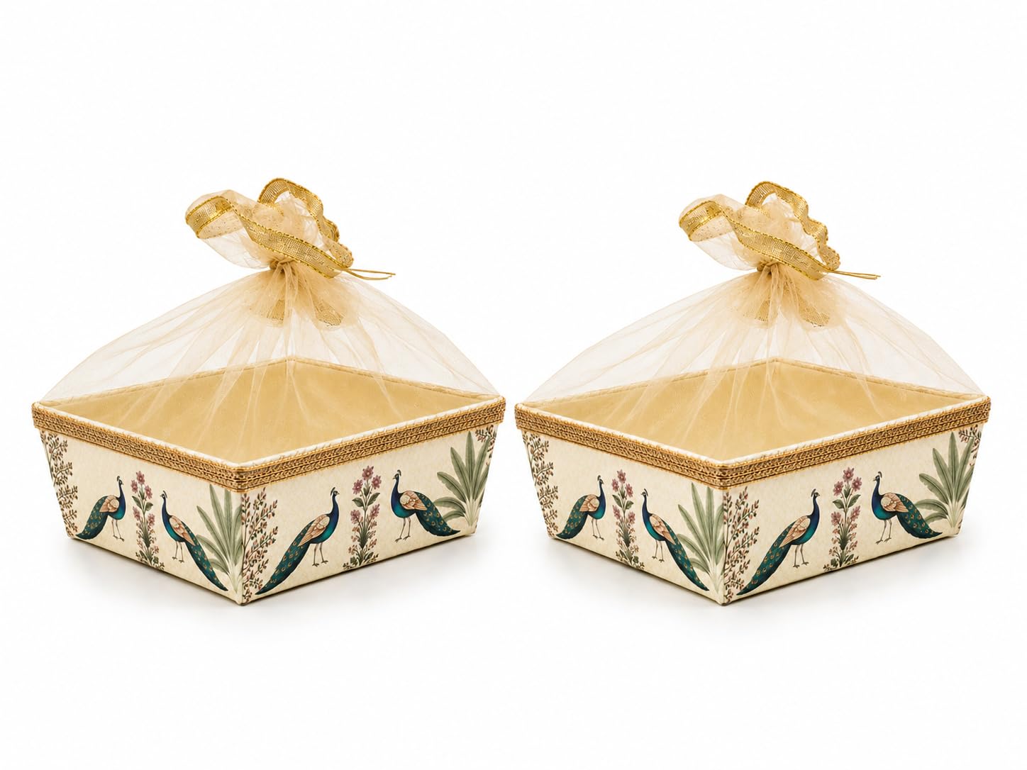 Gift Basket Hamper Basket Set of 2 with Net Cover – Decorative Empty Gift Basket, Gift Packing Basket for Wedding Return Gifts, Dry Fruits & Festive Gifting (Golden Design)