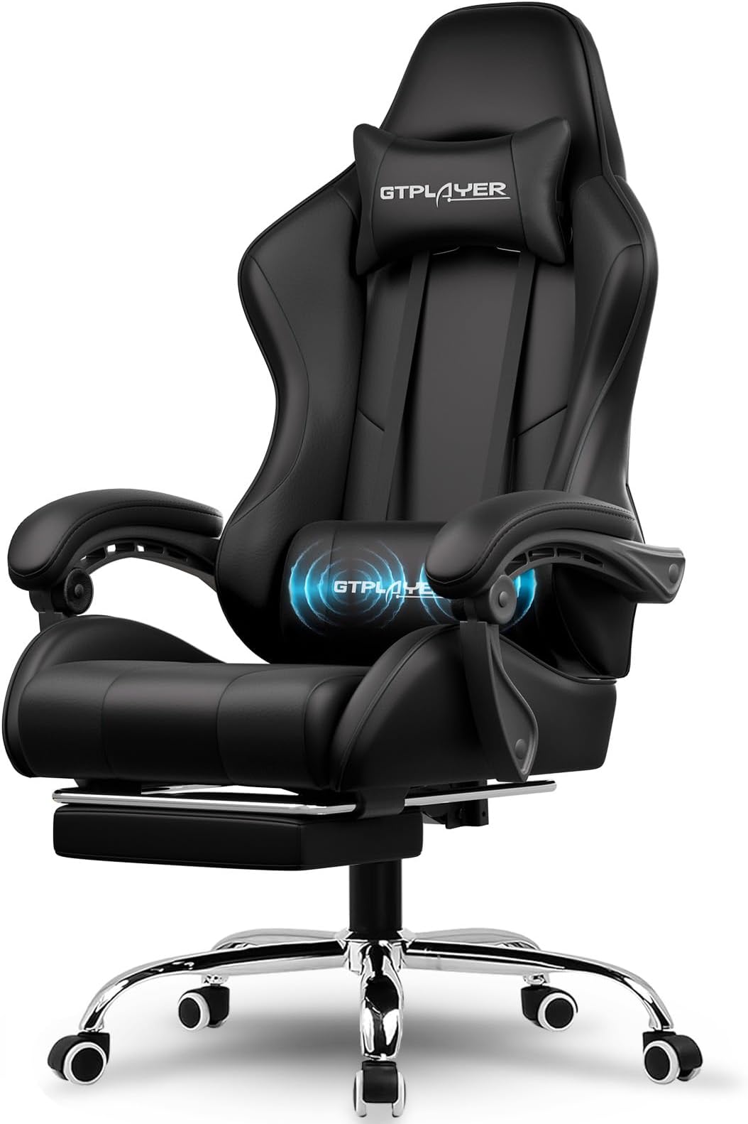 GTPLAYER #1USA Ergonomic Gaming Chair with Massage Lumbar Cushion & Footrest, PU Leather Office Chair for Work, Study Chair for Home, Linked Armrests, Adjustable Headrest, 1 Year Warranty (Black-Fab)