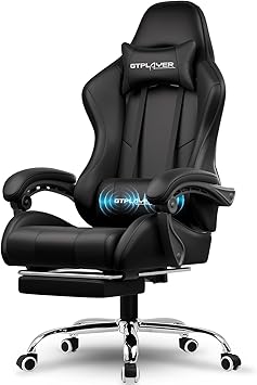 GTPLAYER Gaming Chair, Computer Chair with Footrest and Lumbar Support, Height Adjustable Game Chair with 360°-Swivel Seat and Headrest and for Office or Gaming (Faux Leather, Black)