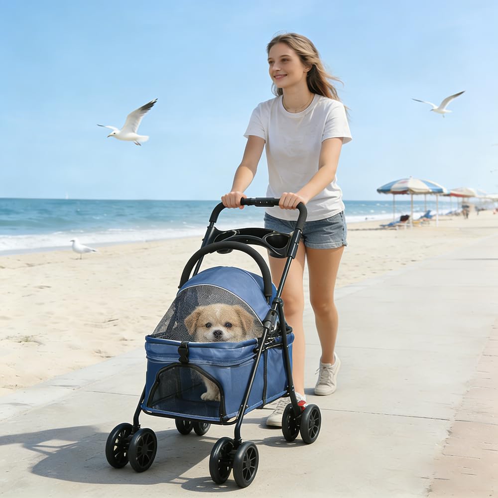 Passeggino 2 in 1 per cani e gatti, pieghevole e pratico, con navicella rimovibile di sicurezza, fino a 20 kg, per cani di piccola taglia media (blu)