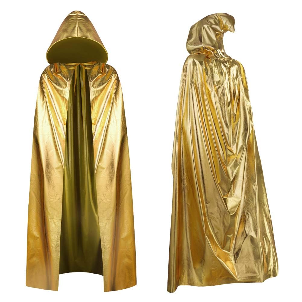 Aomig Adult Gold Gilding Hooded Cloak, Halloween Metallic Shiny Hooded Cape for Adult, Unisex Full Length Hooded Cloak, Adult Fancy Dress Hooked Cloak for Christmas Halloween Cosplay Gold(150CM)