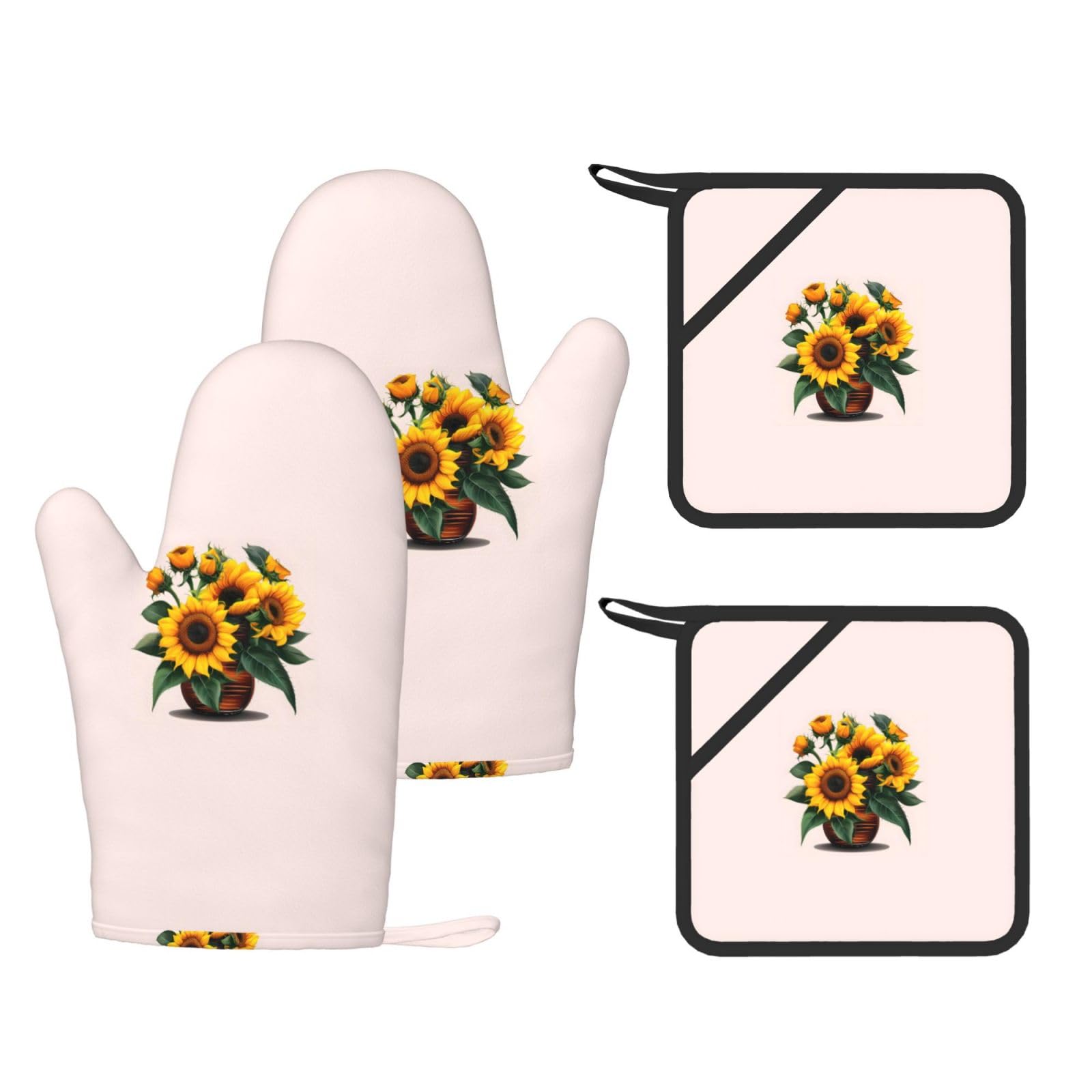 Nimongt Black Sunflower And Rose Print Heat Resistant Gloves Pads Reusable Kitchen Set Oven Baking Grilling Cooking