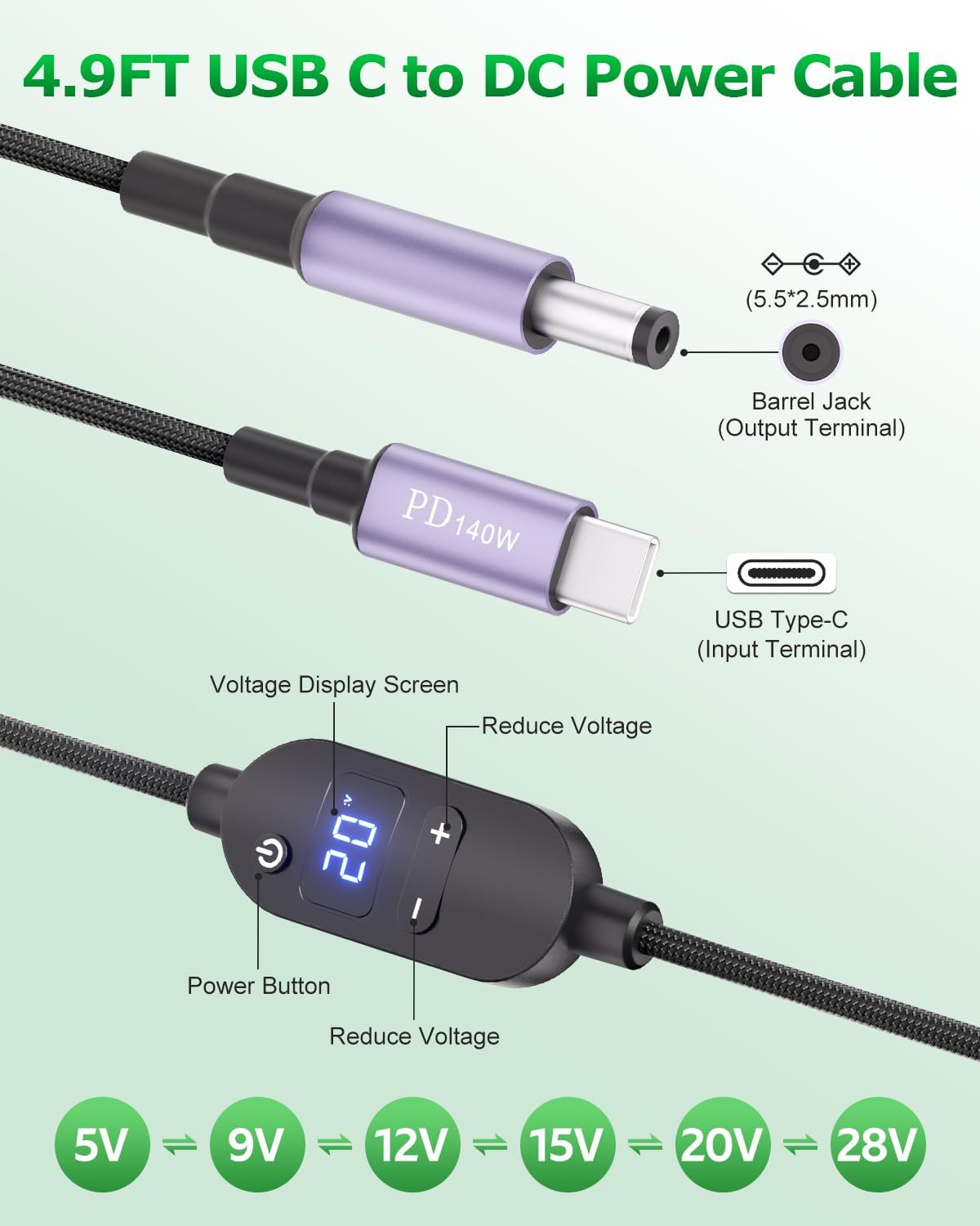 Universal USB C to DC Adapter 140W Barrel PD Trigger Cable with 8 Tips image 4