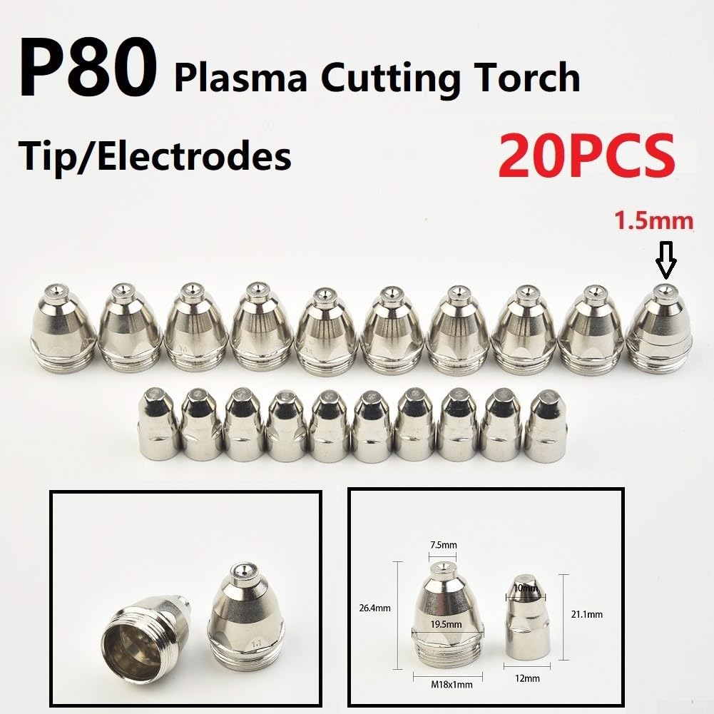 Plasmabrenner Schneidverbrauchsmaterial, P80 Plasmaschneidbrenner, 60 A/80 A/100 A, CNC-Plasma-Elektrode + Düse für CUT-70, CUT-80, CUT-100, CUT-120 (1,5 mm), 20 Stück